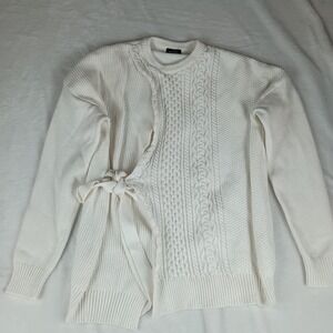 Bamboo Sweater Women 20 White Cable Knit Textured Ribbed Hem Tie Waist Crew Neck